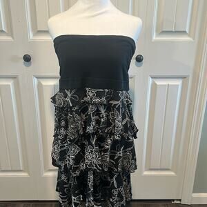 Express Large Black Floral Tiered Strapless Dress